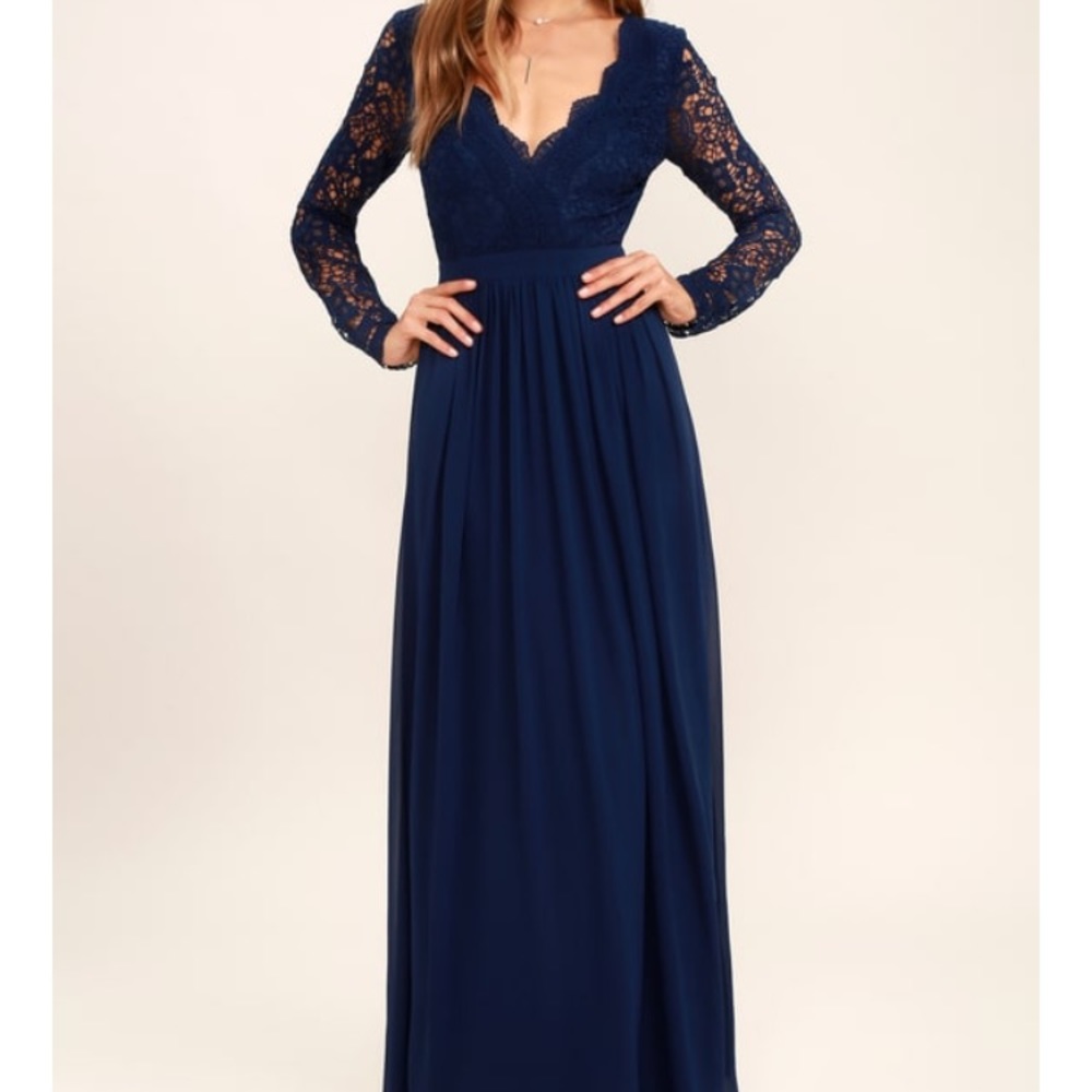 Lulus Navy Long Sleeve Lace Maxi Dress XS